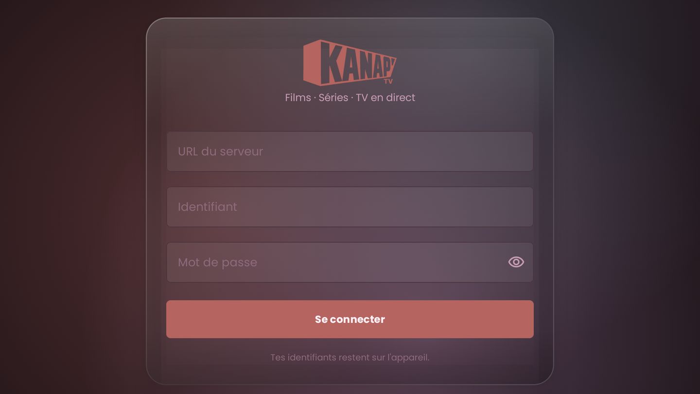 Écran de connexion avec les champs URL du serveur, identifiant et mot de passe